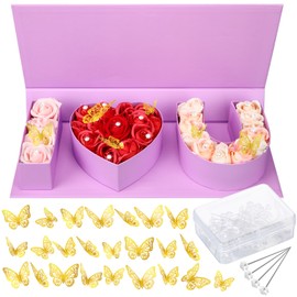 Ireer I Love You Empty Flower Gift Box Mother's Day Letter Shaped Fillable Box with Plastic Liners 24 Gold Butterfly Decor 50 Bouquet Flower Pins DIY Craft Gift Set for Wedding Mother's Day(Purple)