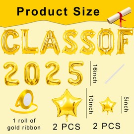 CLASS OF 2025 Graduation Balloons - 12 Pcs Letter & Gold Star Prom Decorations, Foil Backdrop Banner for High School College Grad Parties, Leavers Party Supplies 2025
