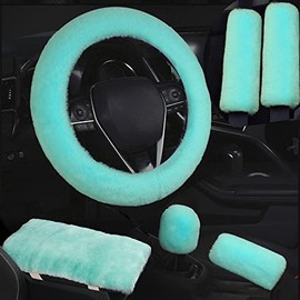SPANICE 6pcs in 1 Set Fluffy Faux Wool Steering Wheel Cover & Soft Handbrake Cover & Gear Shift Cover & 2pcs Seat Belt Shoulder Pads & Center Console Cover Warm Universal Fit (Green)