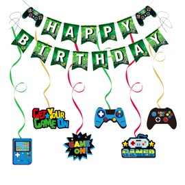 Gaming Geburtstagsgirlande, Happy Birthday Girlande mit Spielkonsolen Motiven und Hängedekoration, Happy Birthday Deko, für Erwachsene und Kinder Geburtstag Party Dekoration Grün