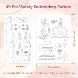 Peacoblue Embroidery Templates Water Soluble for Beginners 4 Sheets Wedding with 49 Pieces Pattern, Wash Away Stick and Stitch Resolvable Embroidery Paper for Hand Sewing Enthusiasts Women Adults