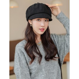 AIEOE Women Beret Newsboy Hat Visor Wool Blend French Cotton Cabbie Cap Classic Fashion Vintage Autumn Spring Winter Hats Black