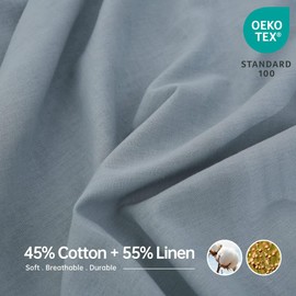 Simple&Opulence Belgian Linen Sheet Set Solid Color - 4 Pieces (1 Flat Sheet, 1 Fitted Sheet & 2 Pillowcases) Natural Flax Cotton Blend Soft Breathable Farmhouse Bedding - King Size, Dusty Blue