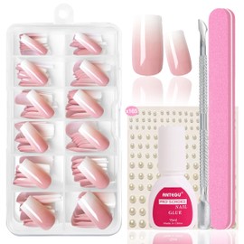 False Nails Tips Set - 120 Pieces French False Nails for Sticking - White Pink Gradient Design Artificial Nails Nail Art Manicure Fake Nails for Women DIY (Baby Pink Short Ballerina)