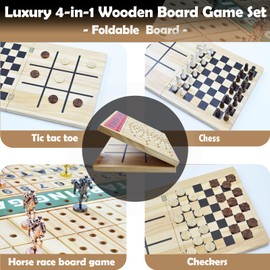 Horse Race Board Game, 4 in 1 Large 21 inches Folding Wooden Racing Game & Checkers Board Game & Chess Board & Tic Tac Toe Game with 11 Luxury Metal Horses for Parties