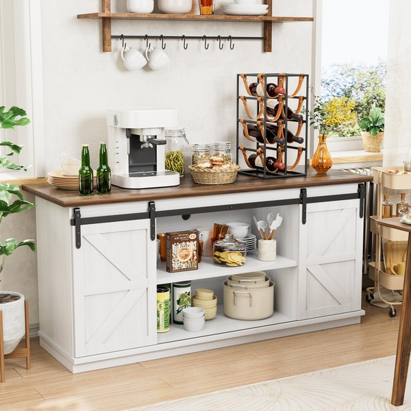 Shahoo Farmhouse Sideboard Buffet Cabinet, Coffee Bar Storage with Sliding