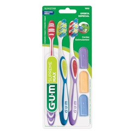 GUM - Cepillo Dental Supreme Max Mediano con Limpiador Lingual y Cerdas de Goma Estimulantes - 50% Más Cerdas para Mayor Cobertura y Limpieza Eficaz -