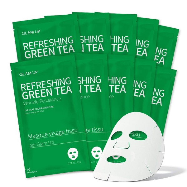 GLAM UP Sheet mask Refreshing Green Tea (10 sheets) - Revitalize Dull Skin. Dark Circle Fighter Nature made Freshly packed Daily Skin Therapy Original K-Beauty Recipe x 10ea