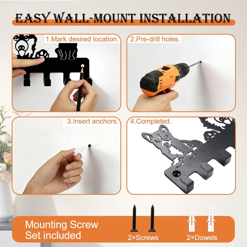 Dog Leash Holder for Wall with 8 Hooks, Heavy Duty