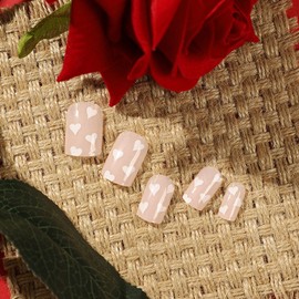 Valentine’s Day Press on Nails Short Square White Heart Fake Nails Nude False Nails with Nail Glues Valentine’s Day Heart Full Cover Stick on Nails for Women and Girls 24Pcs