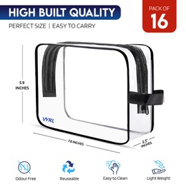 VYRL 16 Pack Clear Makeup Bag - Quart Size 3-1-1 TSA Approved Toiletry Bag with Zipper - Water-Resistant Durable PVC Clear Toiletry pouches for Carry-on Airport Travel Accessories - Black