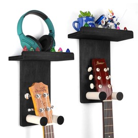 VINCOURNA Wooden Guitar Stand with Shelf, Pack of 2 Guitar Holders for Wall Guitar Wall Mount Guitar Stand for Acoustic Guitar Bass E Guitar Ukulele Stand Accessories Black