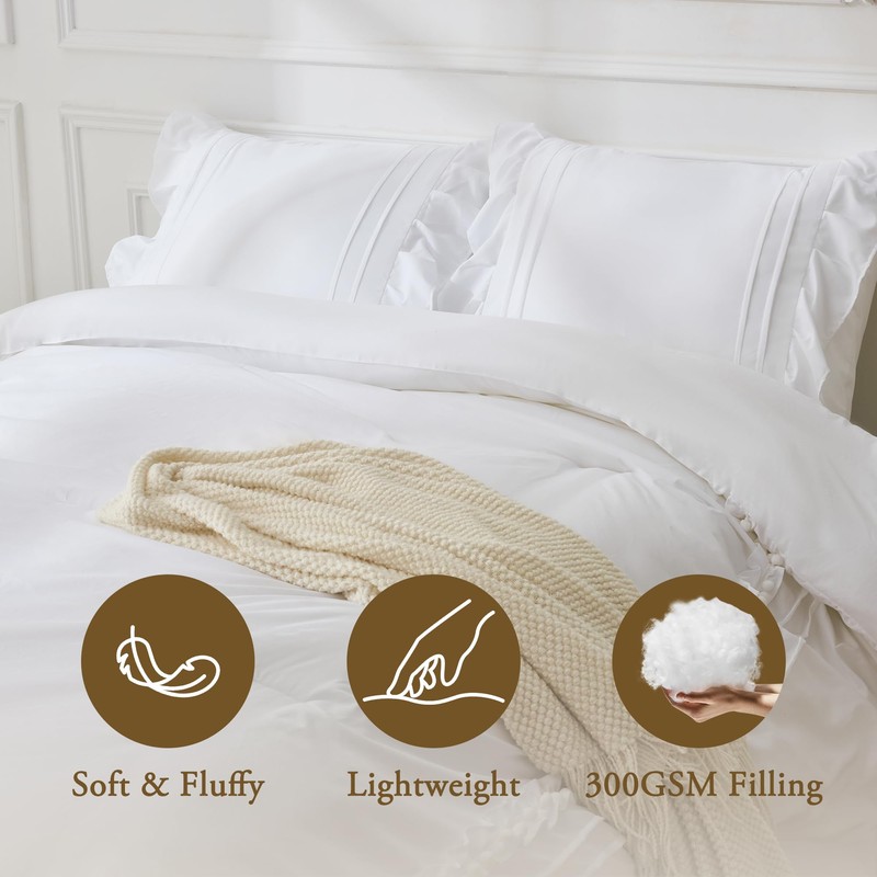 BDEUS White Ruffle Comforter Set Full Size, 3 Pieces Lightweight