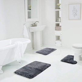 Walensee Shaggy 2 Piece Bath Rug Sets (Dark Grey) 20 x 24 U Shape Contour Rug & 20 x 32 Bathroom Rug Machine Wash/Dry Bath Mats for Bathroom Plush Absorbent Bathroom Rugs and Mats Set Non Slip