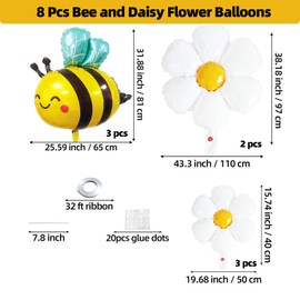 Smile Face Bee and Daisy Flower Aluminum Balloons-8 Pcs Large Mylar foil balloons for Bee Themed Party,Daisy Themed Parties,Baby Shower and Birthday Party Decorations