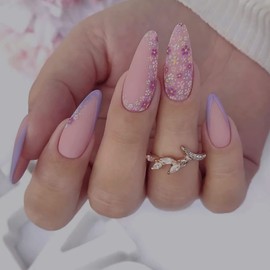 Long Press on Nails Almond Shape French Fake Nails, 24Pcs Full Cover Reusable Artificial Acrylic False Nails with Small Floral Design, Purple Nail Tips, Women DIY Glue on Nails Manicure for Set