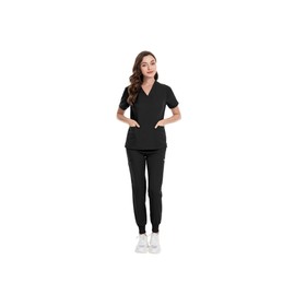 MEDSKIN Scrubs Set for Women - Stretch V-Neck Scrub Top & Jogger Trouser Pants with 8 Pockets (Black, 2XL)