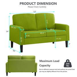 BEEY Modern Loveseat Sofa, 53" Small Loveseat for Small Spaces, Linen Fabric Tufted 2 Seater Sofa Couch for Living Room Bedroom, Green