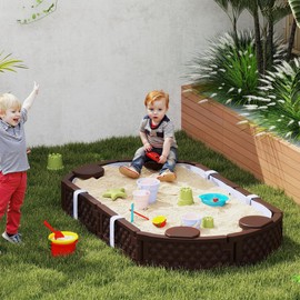 Qaba Kids Sandbox with Cover, Oval 71" HDPE Large Sand Pit with 4 Seats, Waterproof Bottom Liner, Weather Resistant Outdoor Sand Box for Backyard, Lawn, Garden, Beach, Patio, Brown