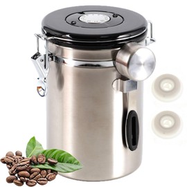 SUEIANNMN1.8L Coffee Canister Airtight, 26oz Coffee Storage Container Stainless Steel Air Tight Coffee Jar with Scoop, Date Tracker, 2 Extra CO2 Release Valve for Beans Ground Tea Flour Sugar (Sliver)
