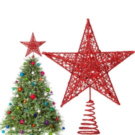 Metal Christmas Tree Topper Christmas Star Topper Glittering Metal Tree Topper Star, Christmas Tree Topper Glittering Tree Crown Lamp, Christmas Decoration, 20 cm, Red