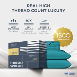 THREAD SPREAD 100% Egyptian Cotton Sheets King Size Bed Set - 4 PC 1500 Luxury High Thread Count Teal Egyptian Cotton King Bed Sheets, Silky Soft, Cooling, Sateen Weave, 17" Deep Pocket Bedsheet