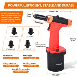 GRYVOZE Pneumatic Pop Rivet Gun Kit – Air Riveter with 3/32", 1/8", 5/32", 3/16" Rivet Nozzles, Professional Air Hydraulic Pop Riveting Tool Set for Automotive, Construction, Manufacturing Industries