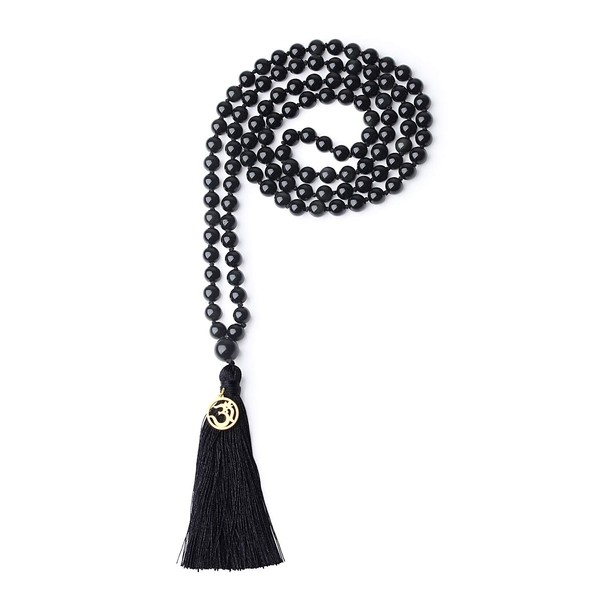 coai 108 Mala Chain Gemstones Hand Tied Tassel OM Charm,