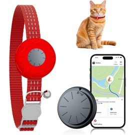 Cat GPS Tracker, Waterproof Pet Tracker for Cats, Compatible with Apple Find My App (Only iOS), No Monthly Fee (Black Tracker, Red Cat Collar)