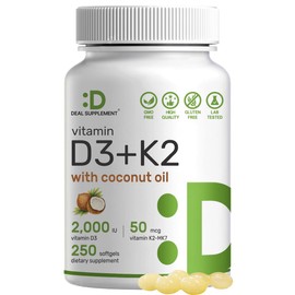 DEAL SUPPLEMENT Vitamin D3 2,000 IU + K2 MK7 50mcg Softgels | 2-in-1 Complex with Virgin Coconut Oil | Supports Heart, Bone, Teeth & Immune Health | Easy to Swallow
