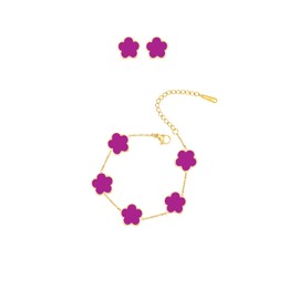 JIEMUCHU Gold Plated Stainless Steel Four Leaf Clover Bracelet and Stud Jewelry Set for Women (Hot Pink-Gold Plated)