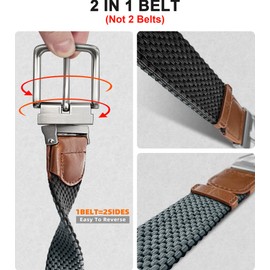 KEMISANT Men's Reversible Braided Belt, Elastic Stretch, 1 3/8" - 2" (Black/Dark Gray, 46"-50" Waist Adjustable)