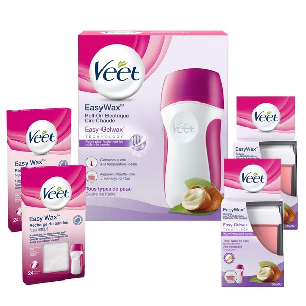 Veet - EasyWax Roll-On - Pack of 1 Roll-On Device - 1 x Arm & Leg Refill 50 ml - 1 x Refill of 24 Fabric Strips (1 Roll-On Kit + 2 Refills + 48 Bands)