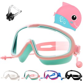 Tyuodna Kids Swimming Goggles,Goggles Kids 3-8,Childrens Goggles Attached Ear Plugs,Swim Goggles with Nose Clips Swimming and Kids Swimming Cap,Anti-Fog, Waterproof, UV Protection (Pink-Green)