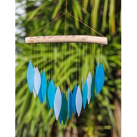 Blue Glass Wind Chime Recycled Glass and Bamboo Driftwood Garden Chime Hanging Outdoors Indoors Multicoloured Fairtrade Eco Friendly Handmade Fairtrade