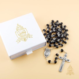 Catholic Town 8mm crystal beads, Our Lady of Charity "Virgen de la Caridad del Cobre" Rosary with Jerusalem Crucifix cross (Available colors: Black, Blue, Clear, Red, White and Yellow) (Black)