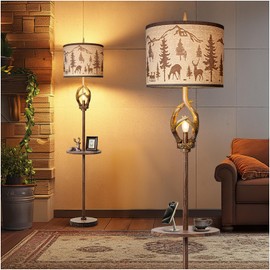 Scenekoy Antlers Style Metal Tray Floor Lamp with Night Light Rustic Standing Lamp with Linen Fabric Shade Farmhouse Vintage Floor Lamp Decor for Living Room Bedroom House Home Office (Bulb Included)