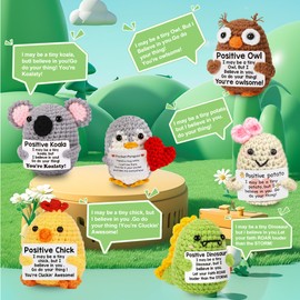 Hand Woven Crochet Ornaments Featuring Front Facing Dinosaurs, Koalas, Chicks, Potatoes, Penguins, Owls, and Emotional Support Decorations with Encouragement Cards