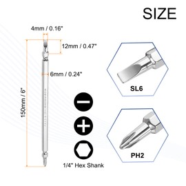 sourcing map Magnetic Double Ended Screwdriver Bit 4mm PH2/SL6 6"/150mm 1/4" Hex Shank CR-V Steel Phillips Cross Slotted Flat Screw Driver Bit for Power Screwdriver Impact Drill Tool