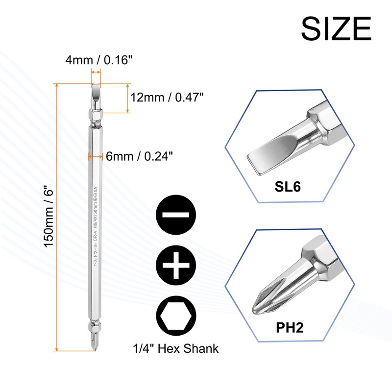 sourcing map Magnetic Double Ended Screwdriver Bit 4mm PH2/SL6 6"/150mm