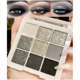 evpct 9 Colores Negro Gris Ahumado Gris Plata Glitter Shimmer Sombra de Ojos Paleta de Maquillaje Altamente Pigmentada Negra Glitter Sombra de Ojos...