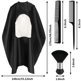 FEBSNOW Professional Black Barber Cape with Neck Duster Brush Large Hair Cutting Cape with See-Through Window Water-Repellent Salon Cape with Adjustable Elastic Neckline 55 Inch x 66 Inch