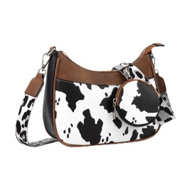 Cow print vintage shoulder bag Zipper Strap Crossbody purse Camera bag, Black Brown