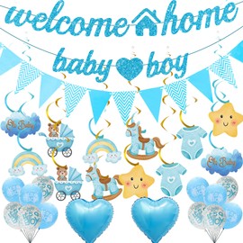 Benvenuto a casa, decorazione per bambini, 34 pezzi, blu, Welcome Home Baby Boy Banner, ghirlanda, ghirlande sospese, palloncini per Welcome Home Shower baby shower
