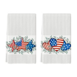 Artoid Mode Stripes Eucalyptus Leaves American Flag Stars Heart Veterans Day Kitchen Towels Dish Towels, 18x26 Inch Decoration Hand Towels Set of 2