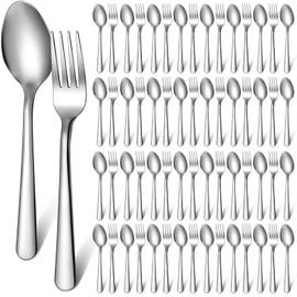 BBTO 100 Pcs Forks and Spoons Silverware Set Bulk Stainless Steel Flatware Cutlery Set Kitchen Utensils for Home Restaurant Kitchen, 50 7.1" Dinner Fork, 50 Teaspoon, Mirror Polished, Dishwasher Safe