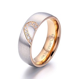 LAVUMO Matching Promise Rings for Couples Love You Forever Wedding Bands Sets for Him and Her Half Heart Rings Stainless Steel 6mm with Box Comfort Fit (Women 6 Only)