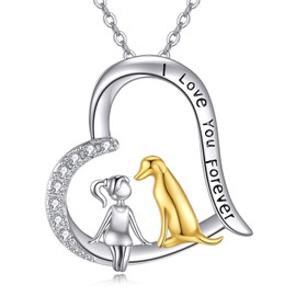 VONALA Girl and Dog Necklace 925 Sterling Silver Heart Pendant Necklace I Love You Forever Puppy Necklace Keepsake Dog Jewellery Gift for Women Dog Lovers