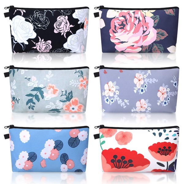 6 Pieces Makeup Bag Toiletry Pouch Waterproof Cosmetic Bag with Mandala Flowers Llama Sloth Unicorn Patterns, 6 Styles (Flower Style)