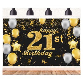 POPOYU Banner 21st Birthday Woman XXL, 21st Birthday Banner Gold Black, Birthday Poster 21 Years, 21st Birthday Man Banner & Large, Decoration 21st Birthday Banner for Men Women Birthday Party